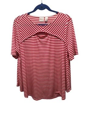 Chico's Red and White Striped Short Sleeve Tee